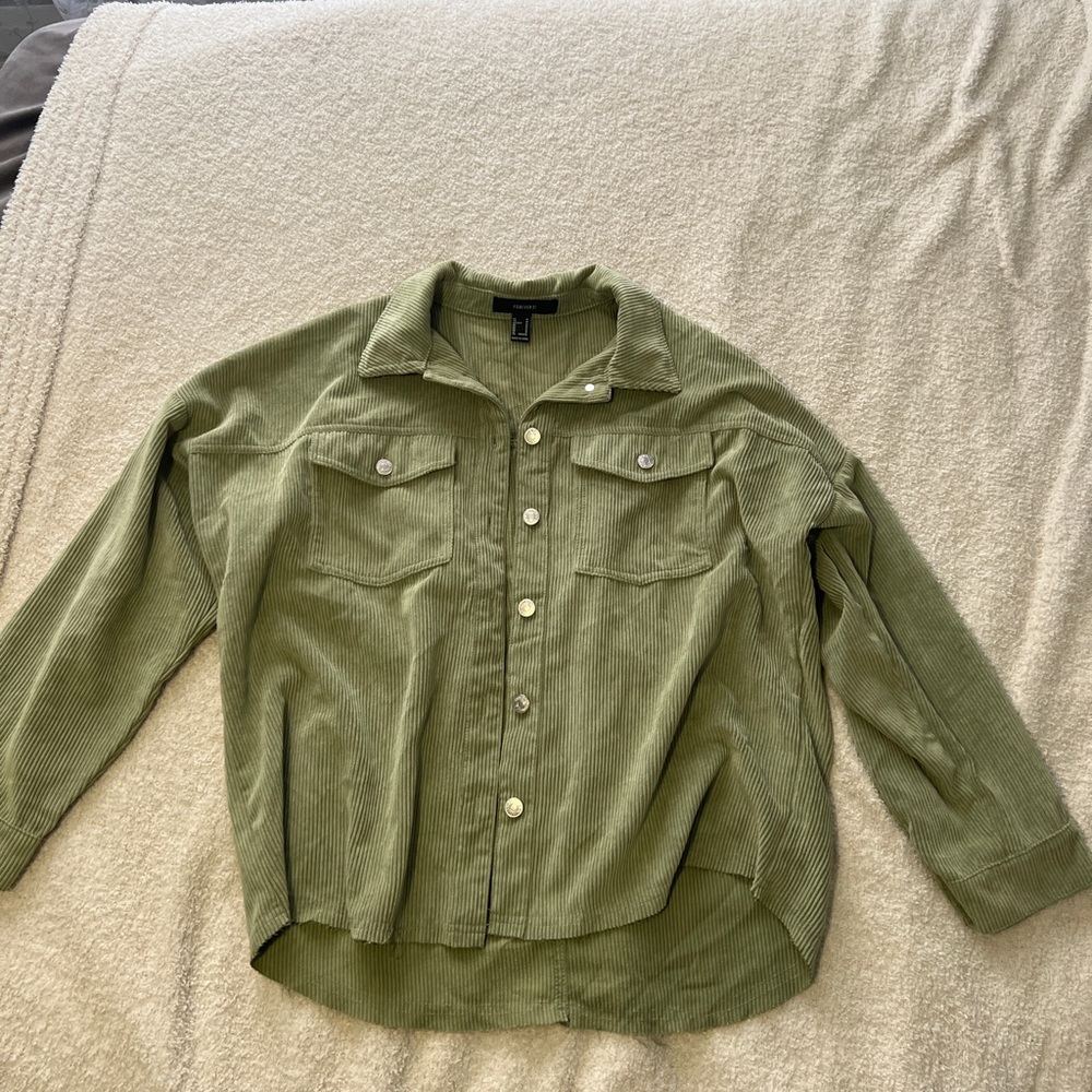Forever 21 medium Olive button up color neck jacket. Polyester (so soft).